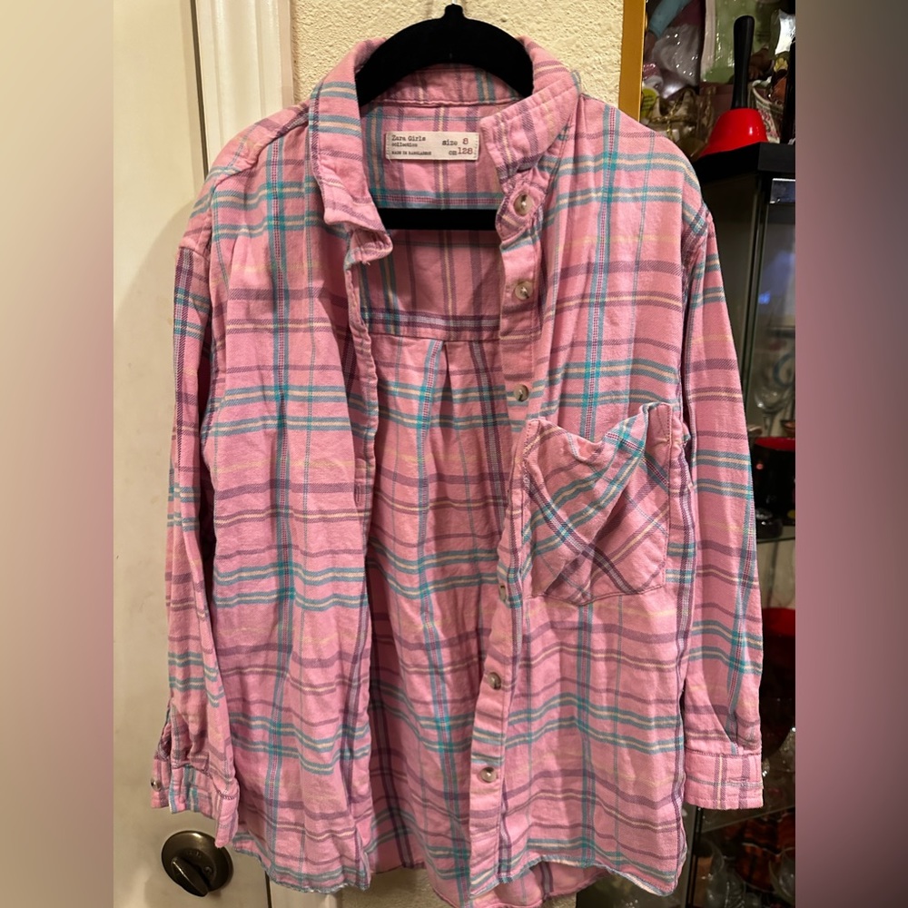 Zara girl pink plaid shirt button up